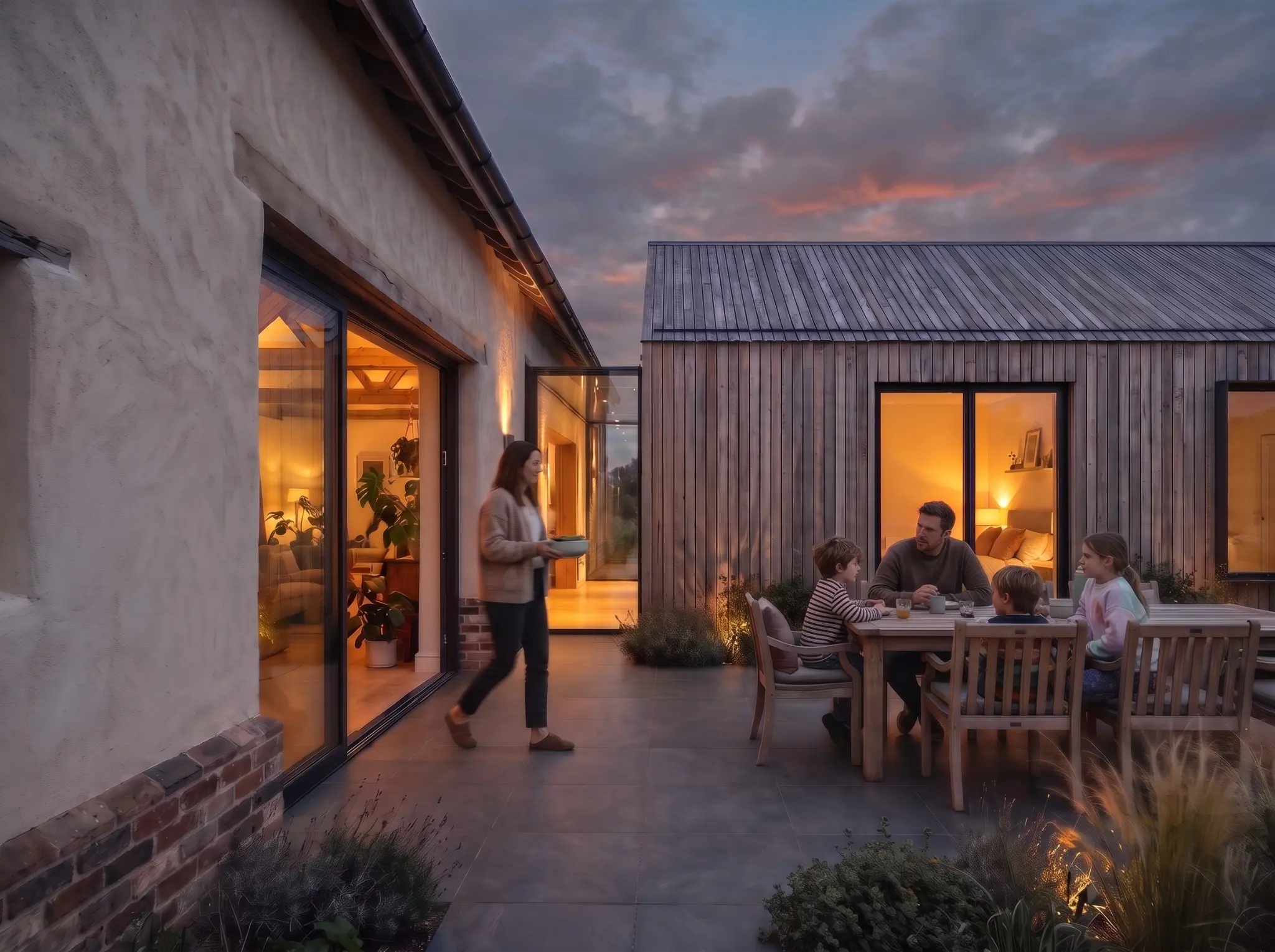 Cob Barn conversion and extension proposal at dusk